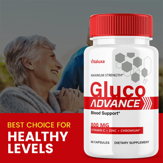 Vitaluxa GlucoAdvance capsules close-up showing glossy pills for daily vitality.
