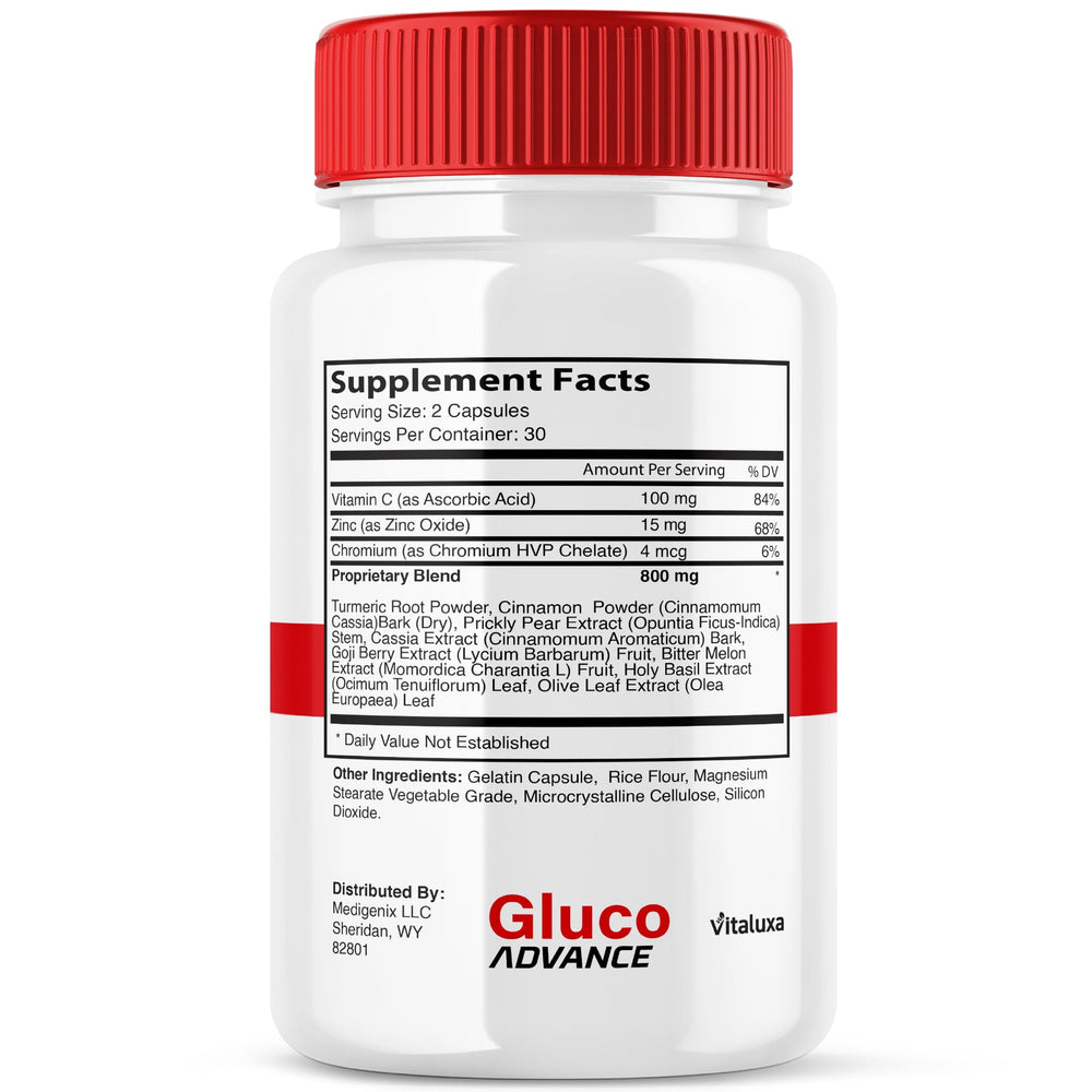 Vitaluxa GlucoAdvance bottle on kitchen counter ready for daily routine.