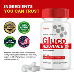 Vitaluxa GlucoAdvance packaging box and bottle shown in a clean setup.
