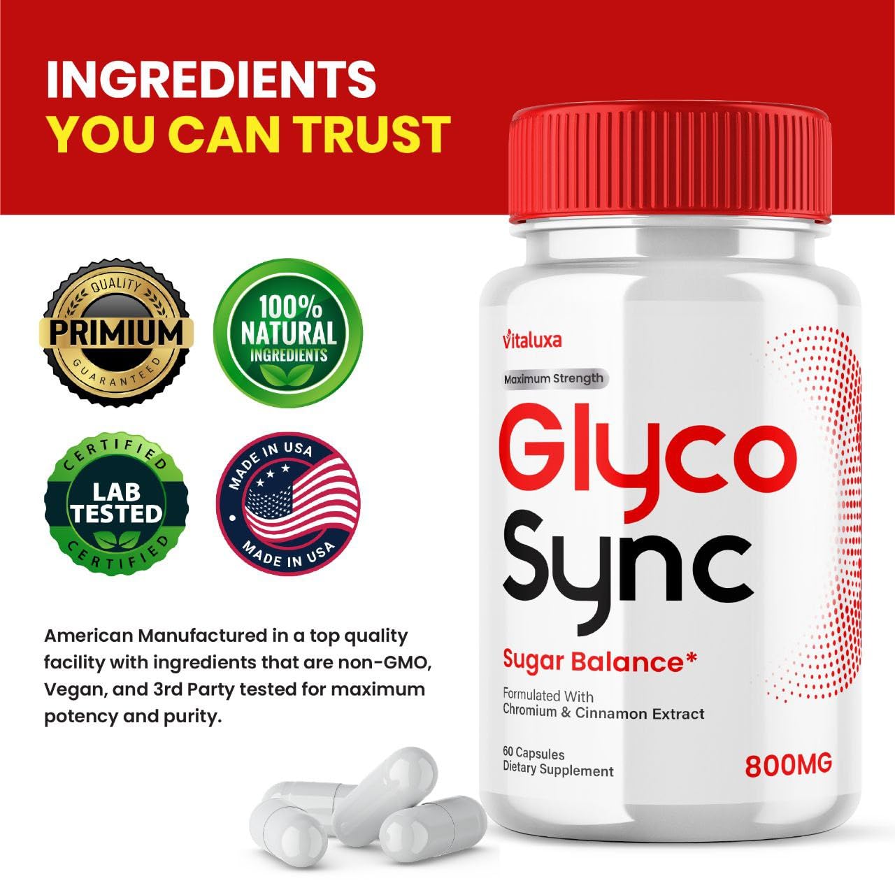 Vitaluxa Glyco Sync Balance bottle label close-up with Made in USA mark.