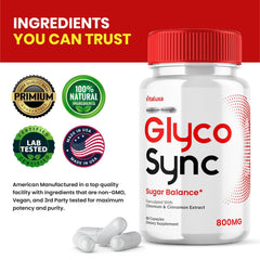 Vitaluxa Glyco Sync Balance bottle label close-up with Made in USA mark.