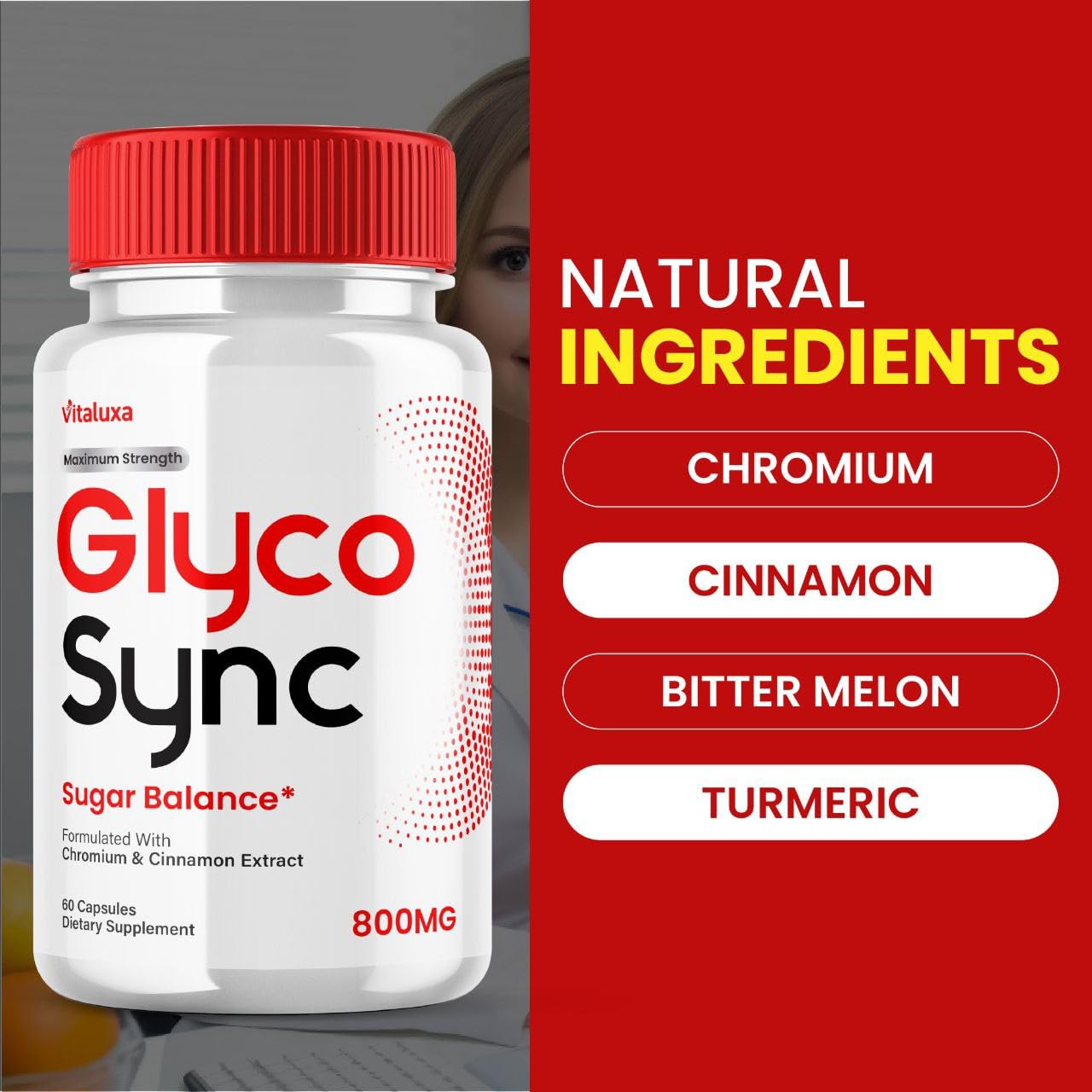 Vitaluxa Glyco Sync bottle side highlights convenient capsules for busy mornings.