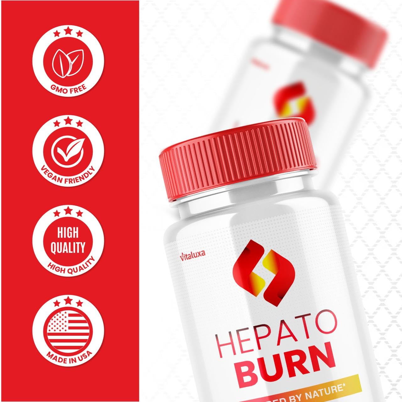 Vitaluxa Hepato Burn bottle on a desk in a modern space