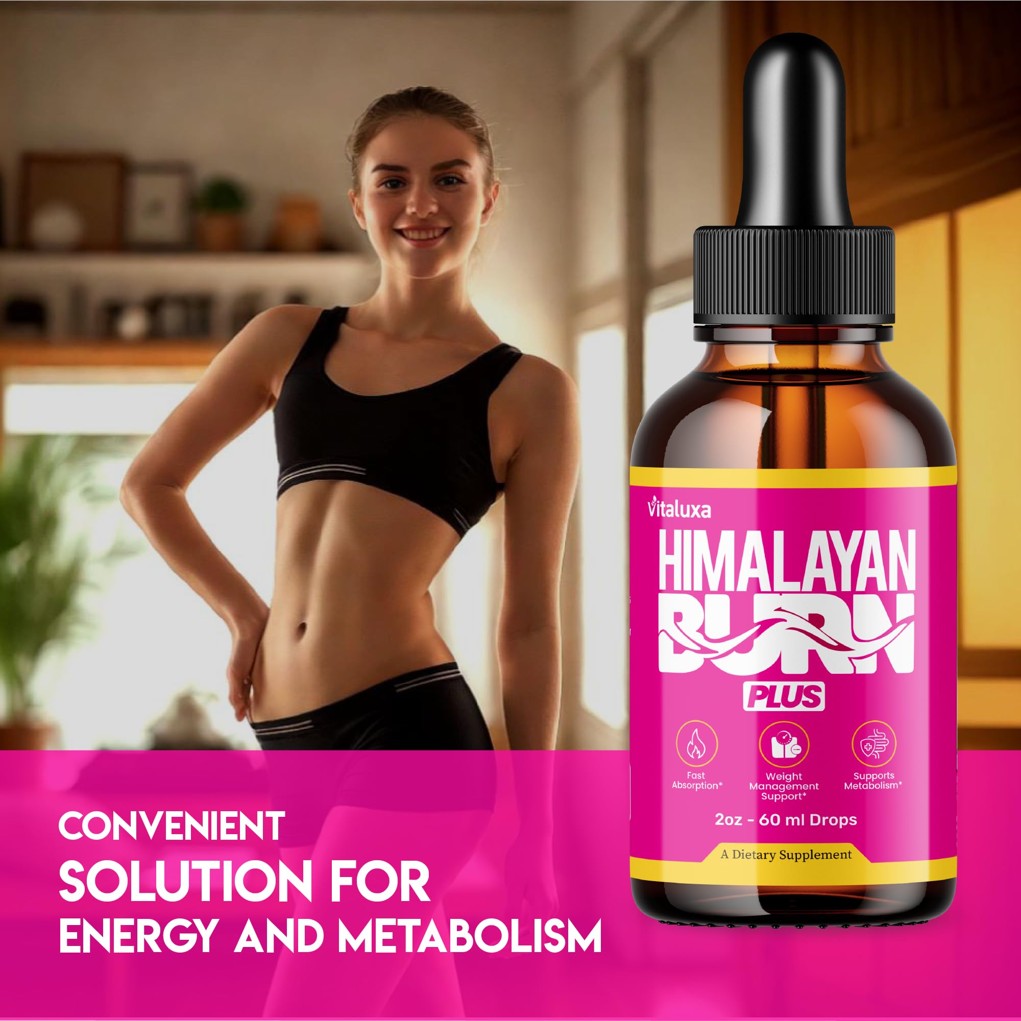 Vitaluxa Himalayan Burn Plus Drops dispense shows a convenient dropper for precise servings.