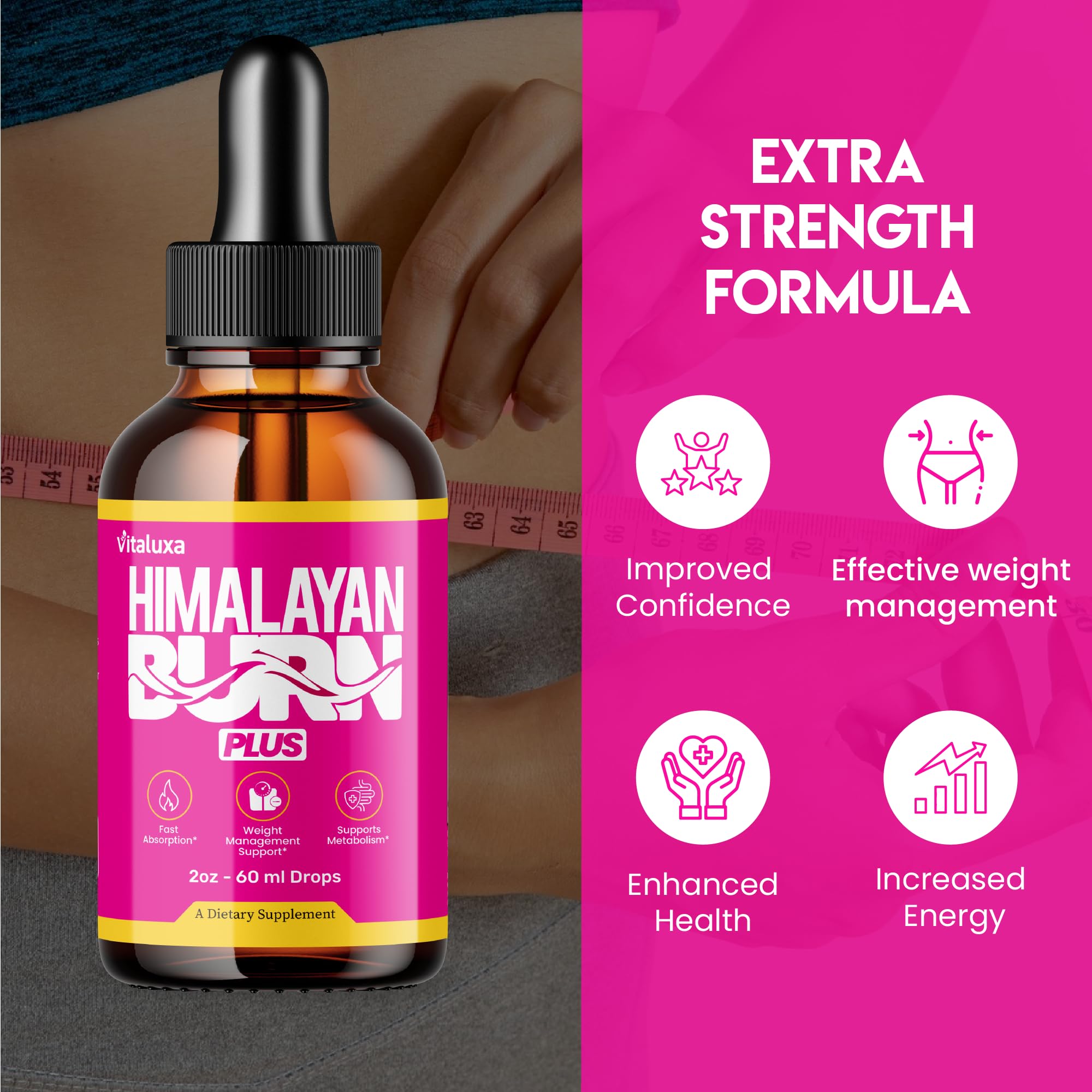 Vitaluxa Himalayan Burn Plus Drops label close-up emphasizes quality and safety.