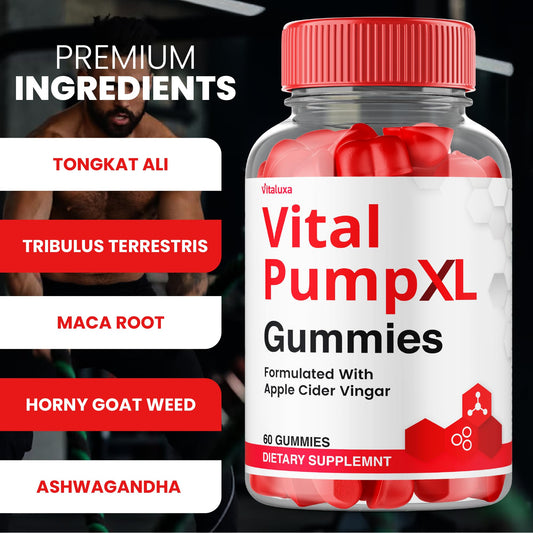 Vitaluxa Vital Pump XL Gummies closeup label highlights premium formula for daily routine