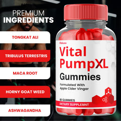 Vitaluxa Vital Pump XL Gummies closeup label highlights premium formula for daily routine
