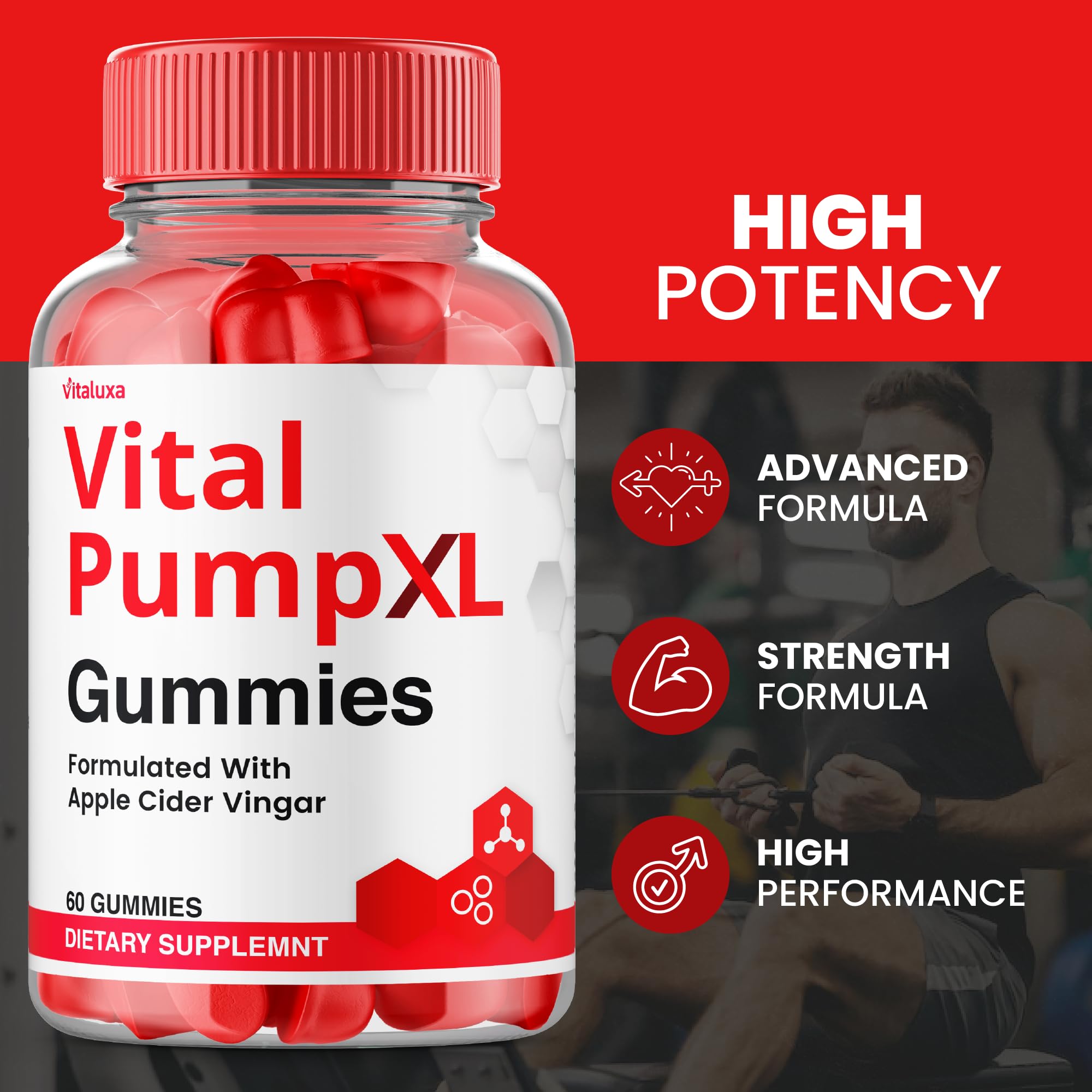 Vitaluxa Vital Pump XL Gummies on table with glass for daily routine use