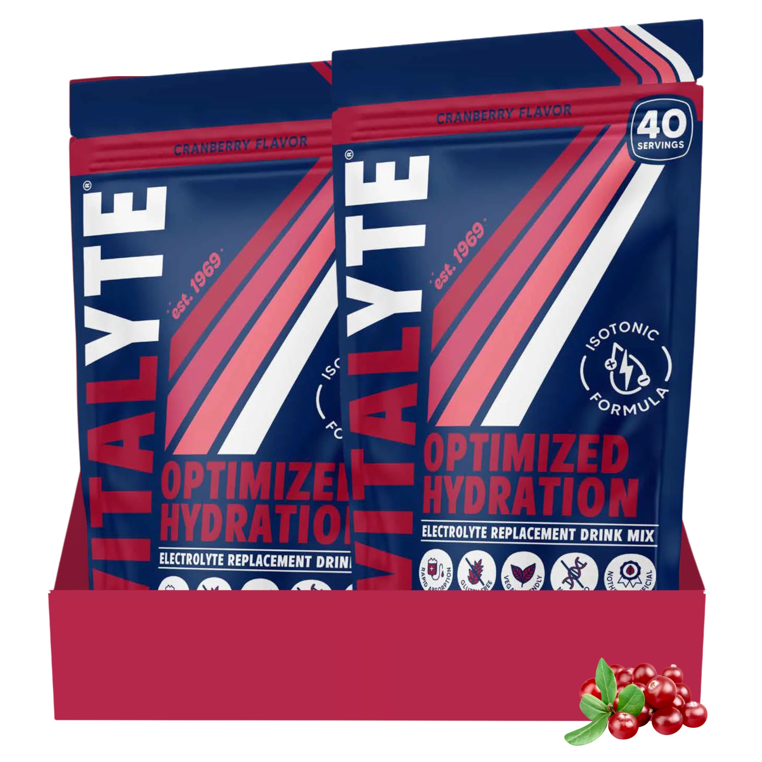 Vitalyte cranberry electrolyte powder bottle being poured for rapid hydration.