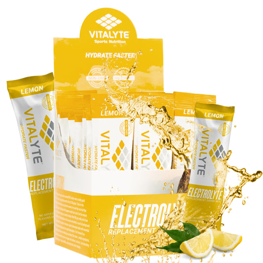 Vitalyte lemon electrolyte powder front pack for convenient hydration.