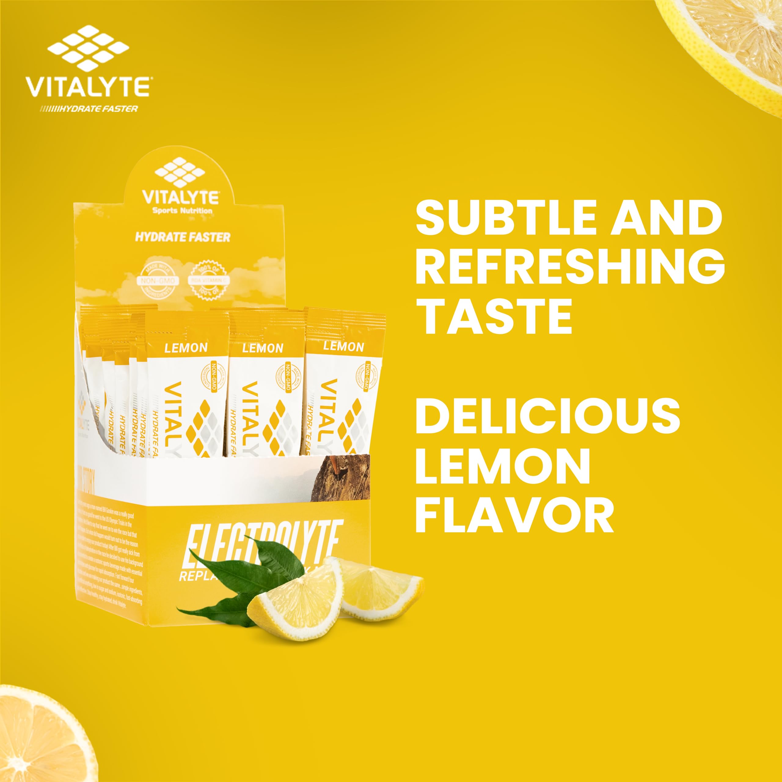 Vitalyte lemon non-GMO ingredients label emphasizes clean hydration.