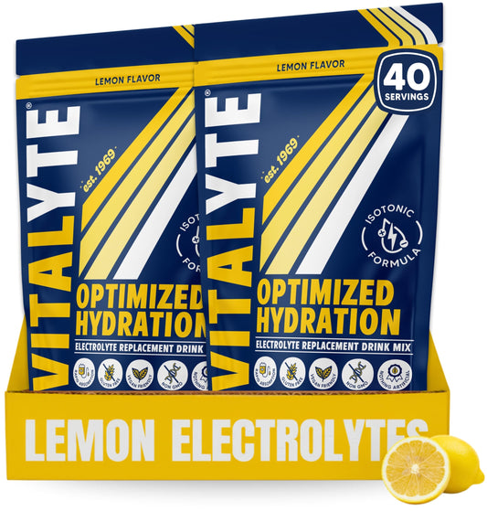 Vitalyte electrolyte powder tub lemon-label for refreshing hydration on the go.