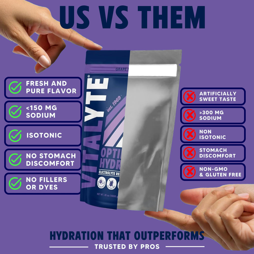 Glass showing grape powder dissolving for refreshing hydration after workouts