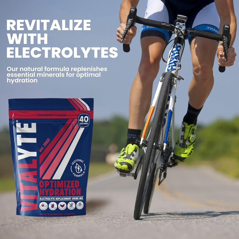 Isotonic hydration concept with Vitalyte packaging and glass of water.