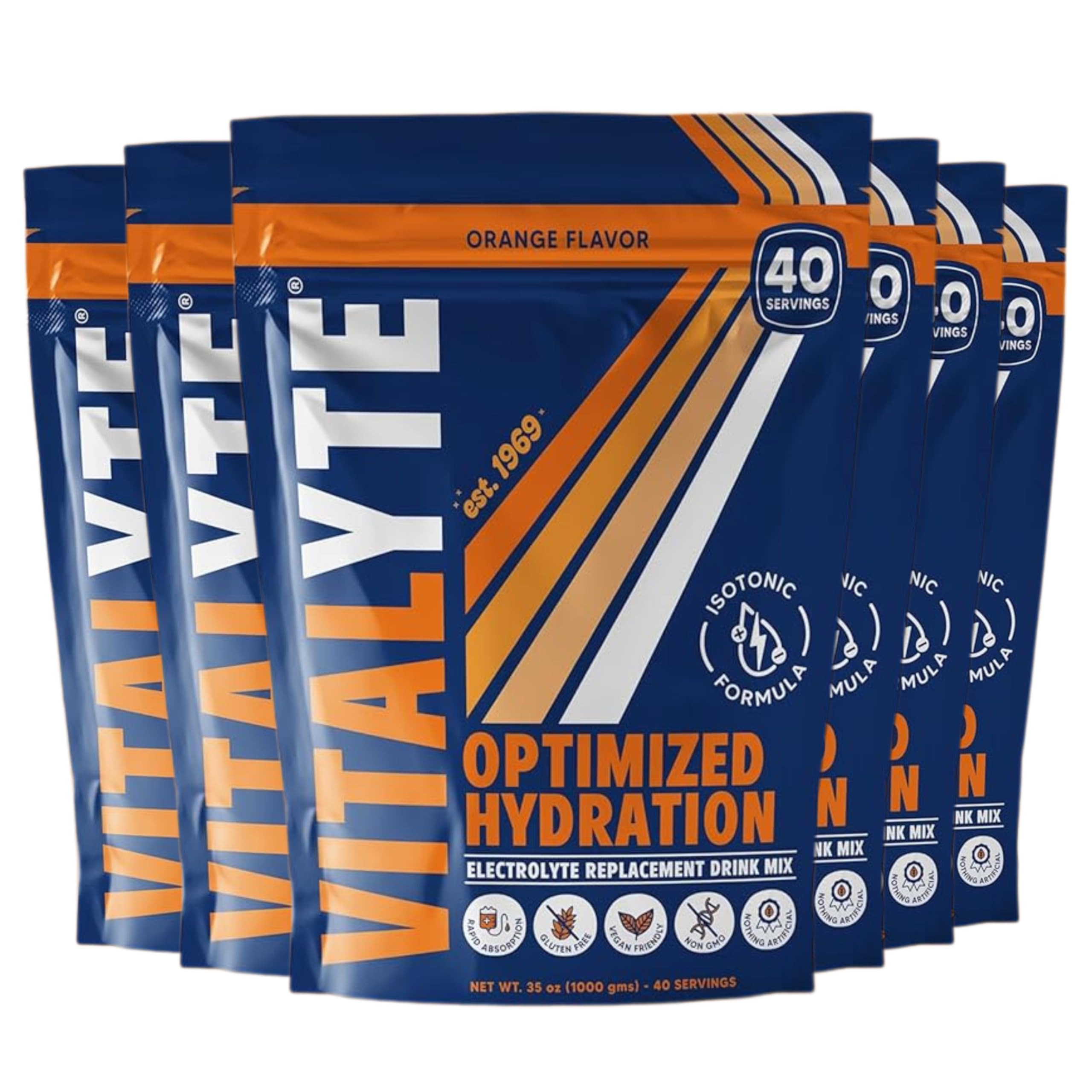 Vitalyte orange electrolyte powder tub close-up showing brand and texture for rapid hydration