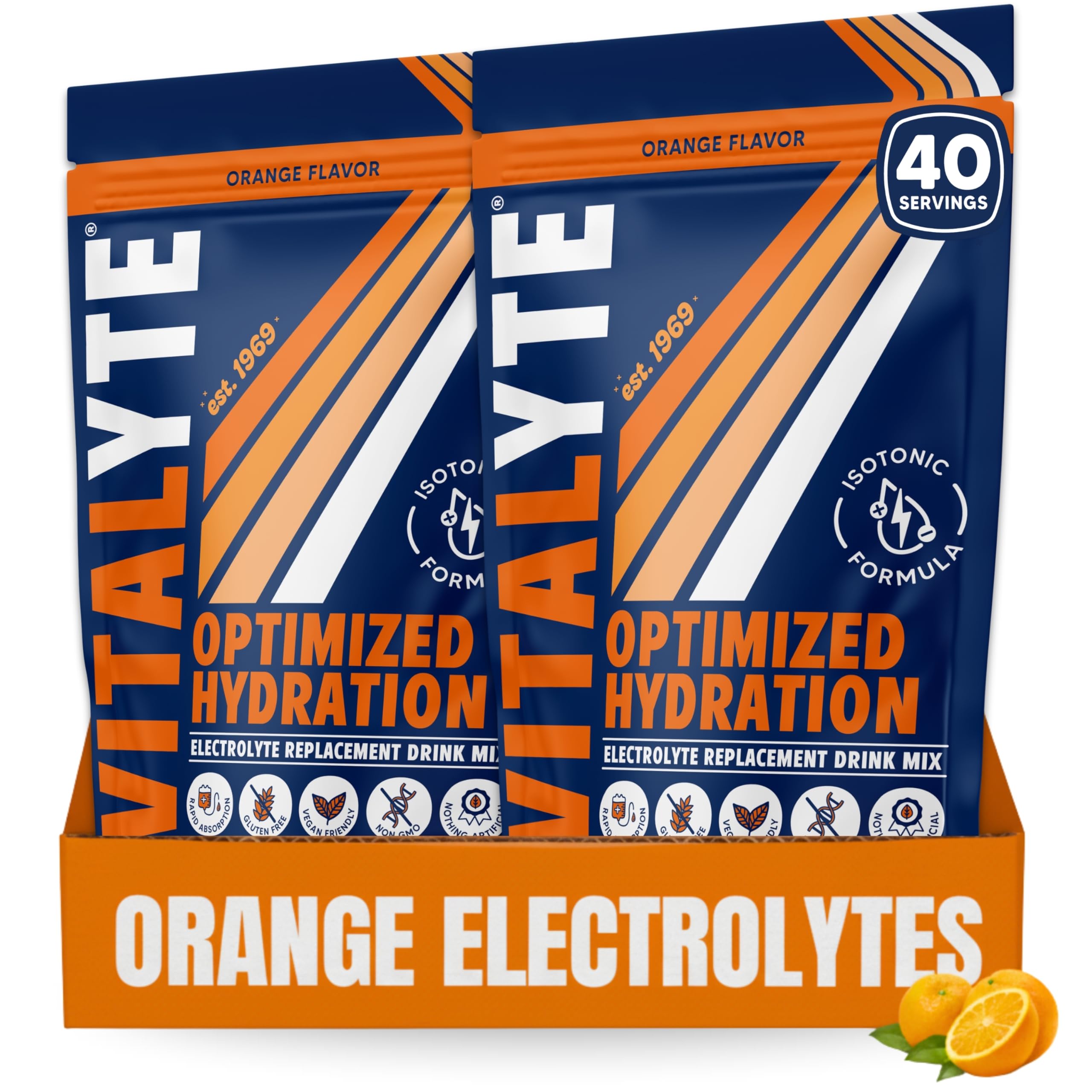 Vitalyte orange electrolyte powder tub with scoops for quick hydration during workouts.