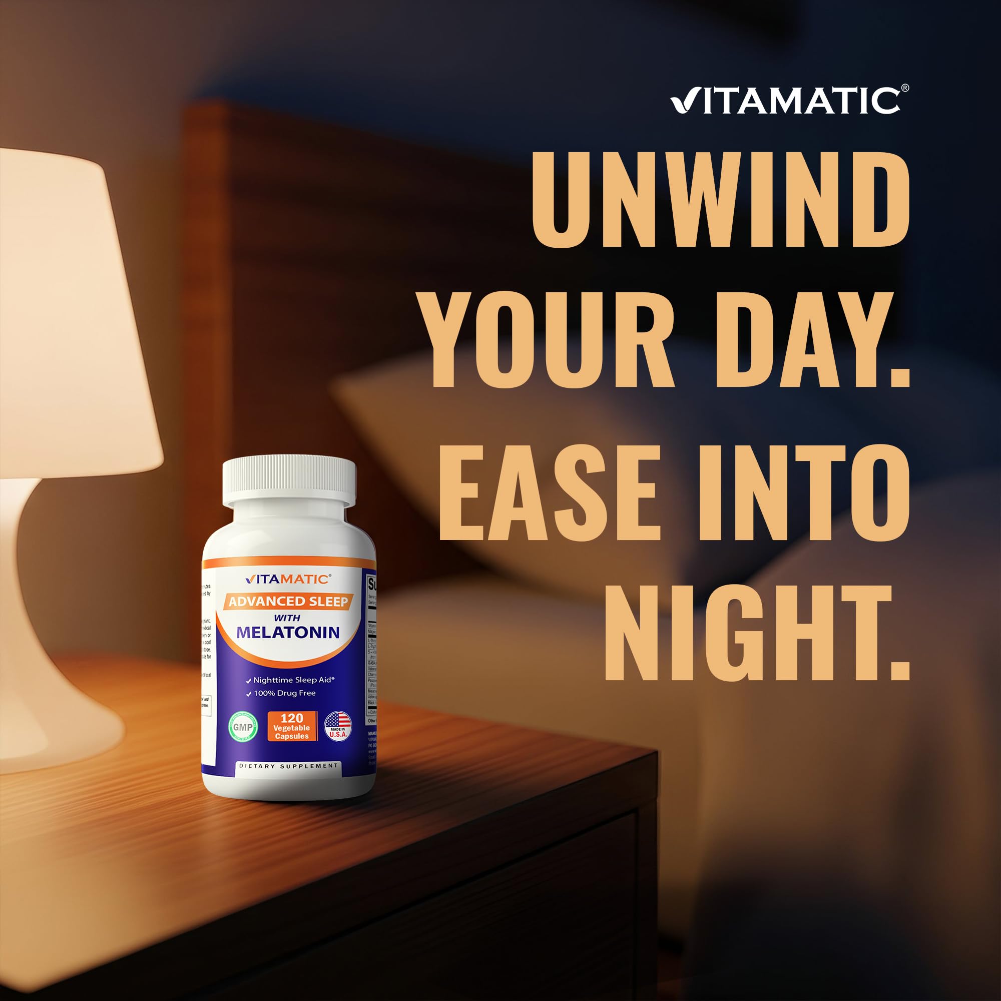 Label detail highlights gluten-free and non-GMO benefits of Vitamatic Sleep Aid.