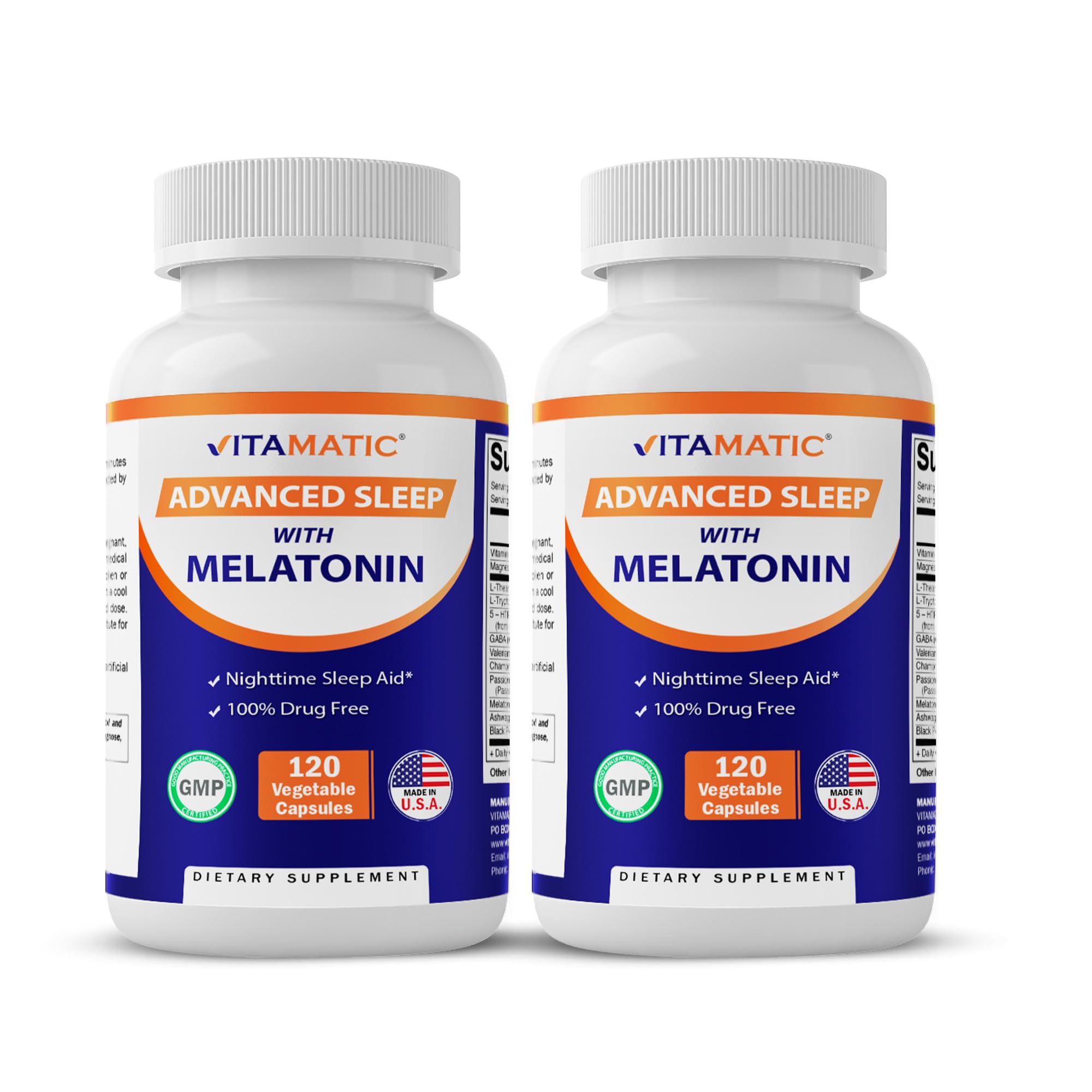 Vitamatic Advanced Sleep Aid bottle with melatonin blend supports a calm bedtime routine.