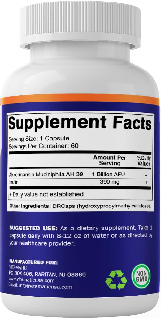 Vitamatic Akkermansia Muciniphila allergen-free icon highlights safe ingredients