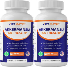 Vitamatic Akkermansia Muciniphila bottle front showing premium gut health packaging