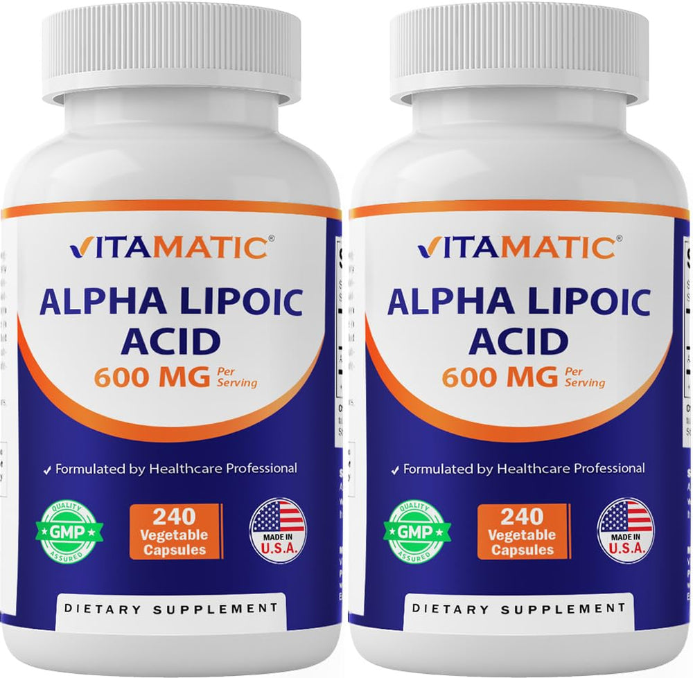 Vitamatic Alpha Lipoic Acid bottle label shows 600 mg potency for antioxidant support.