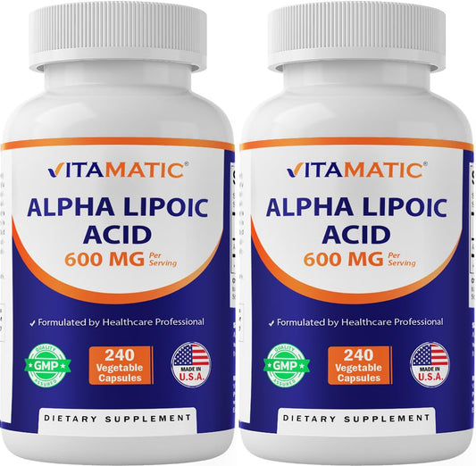 Vitamatic Alpha Lipoic Acid bottle label shows 600 mg potency for antioxidant support.