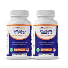 Vitamatic Bacillus Subtilis bottle front showing 60 capsules and prebiotic inulin on label