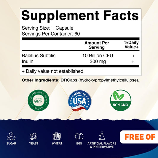 Vitamatic Bacillus Subtilis bottle side label highlighting DRcaps protection