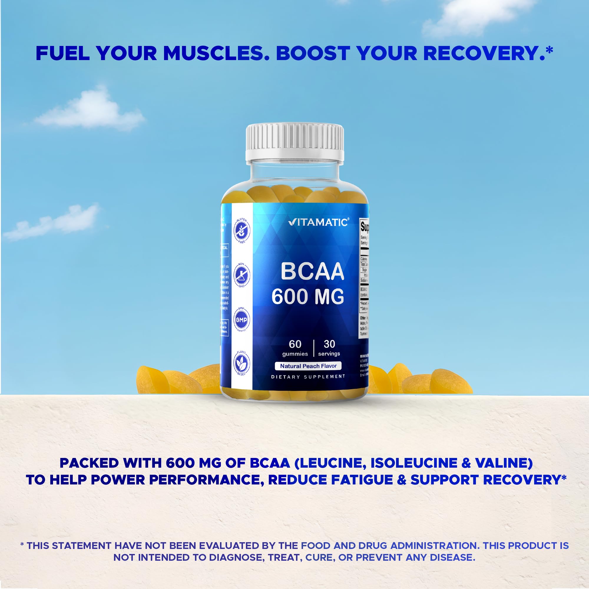Vitamatic BCAA Gummies bottle on shelf showing packaging