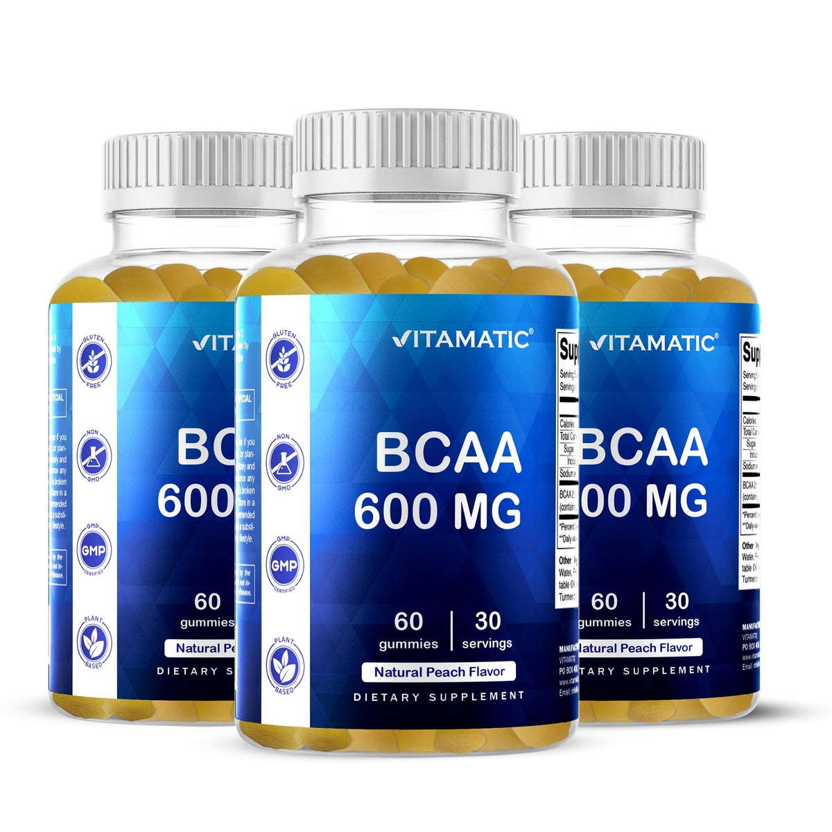 Vitamatic BCAA Gummies peach bottle with post-workout support in mind