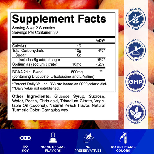 Vitamatic BCAA Gummies peach close-up showing chewy texture and peach color