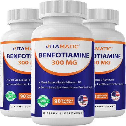 Vitamatic Benfotiamine bottle label close-up highlighting premium nutrition