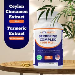 Vitamatic Berberine Cinnamon bottle side label detail.