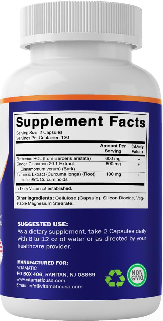 Vitamatic Berberine Cinnamon bottle with capsules neatly aligned.