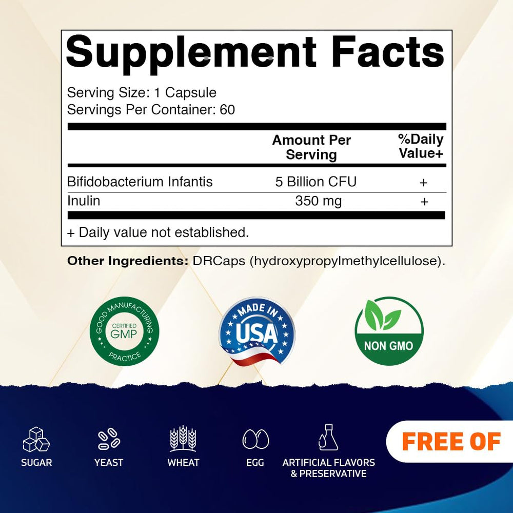 Vitamatic Bifidobacterium Infantis label close-up highlights 5B CFU per capsule and prebiotic fiber