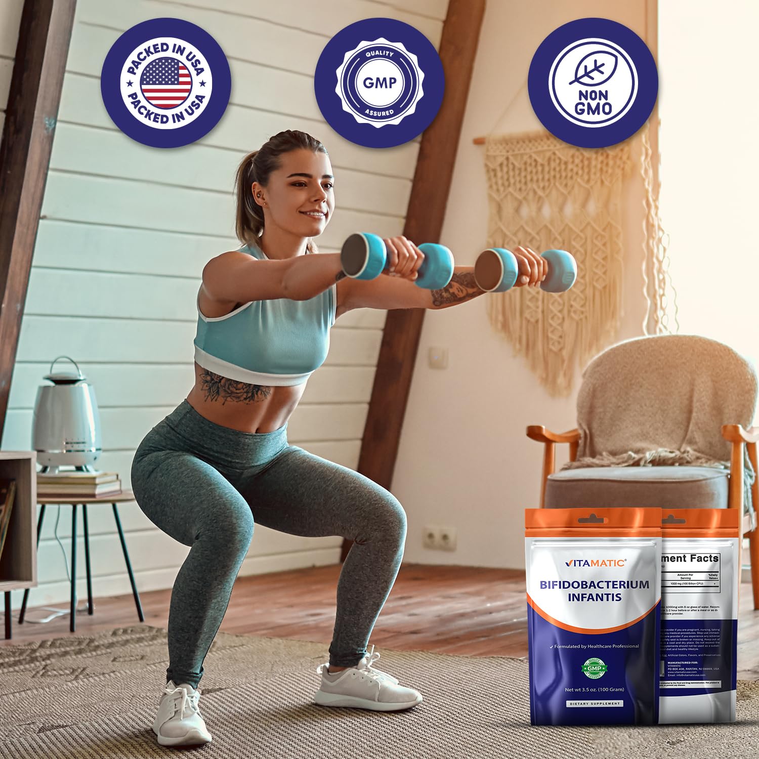 Vitamatic Bifidobacterium Infantis powder being dispensed with convenient scoop