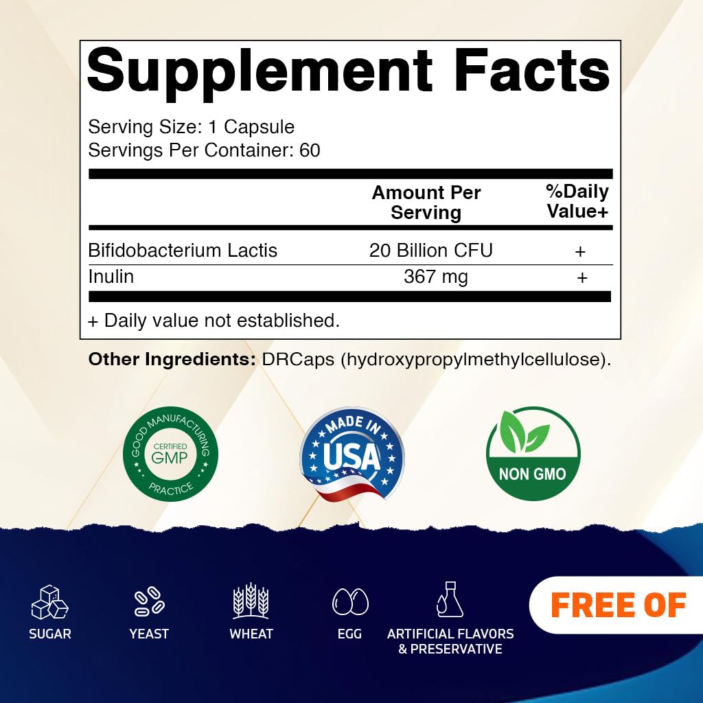 Vitamatic Bifidobacterium lactis bottle back shows ingredients and certifications