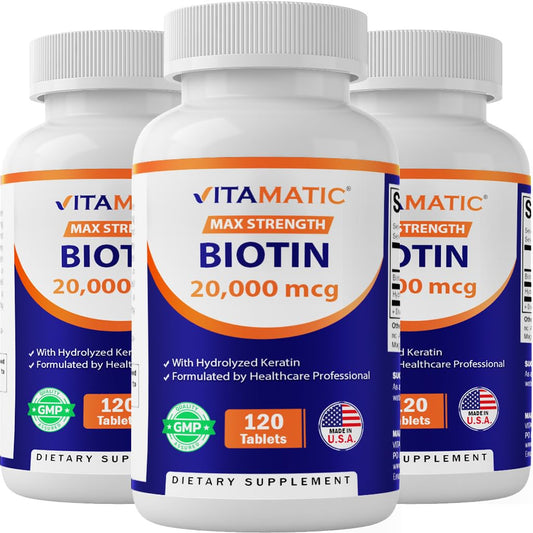 Vitamatic Biotin 20000mcg Keratin 100mg bottle front for hair and nails support.