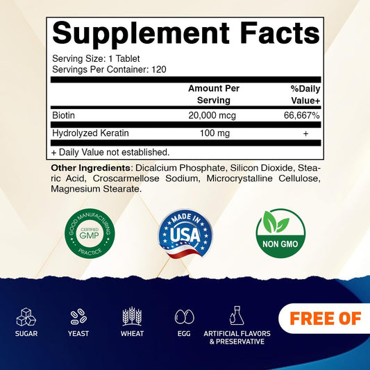 Vitamatic Biotin 20000mcg Keratin 100mg tablets closeup highlights a daily beauty routine.