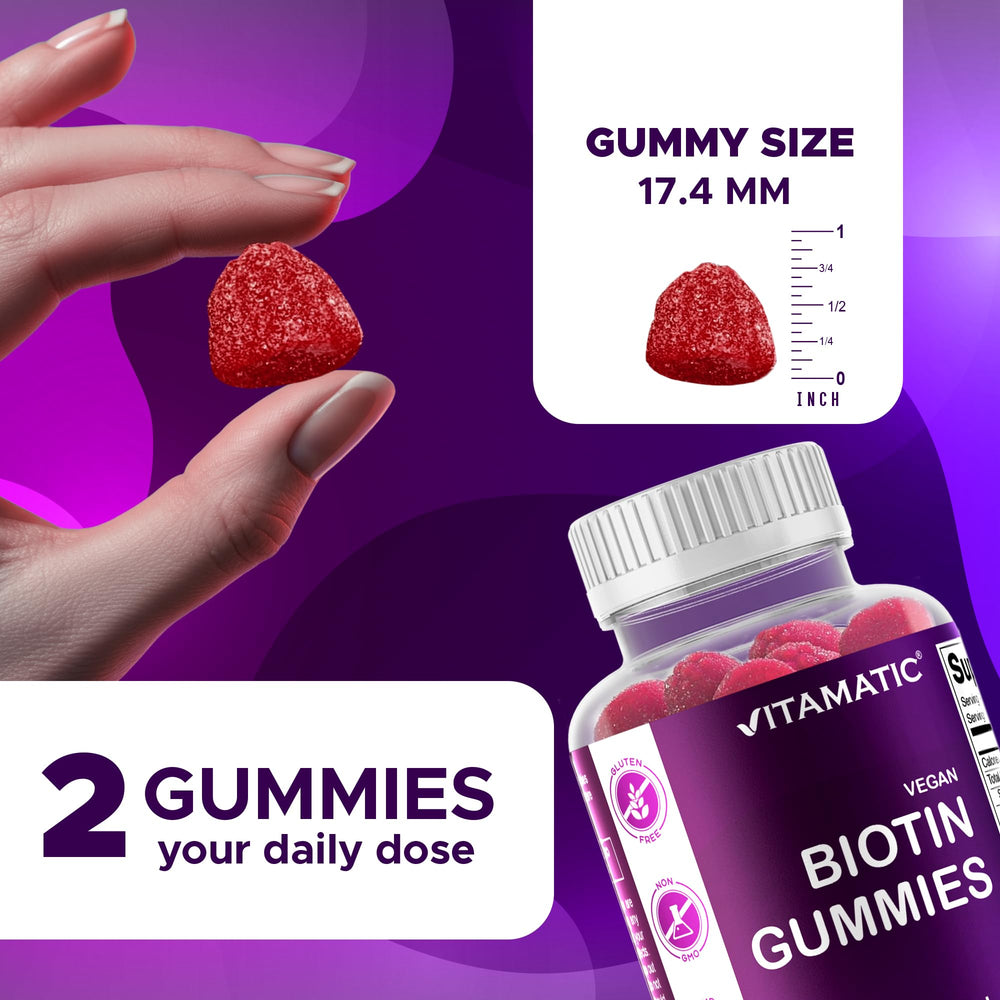 Close-up of Vitamatic Biotin Gummies raspberry flavored daily nourishment