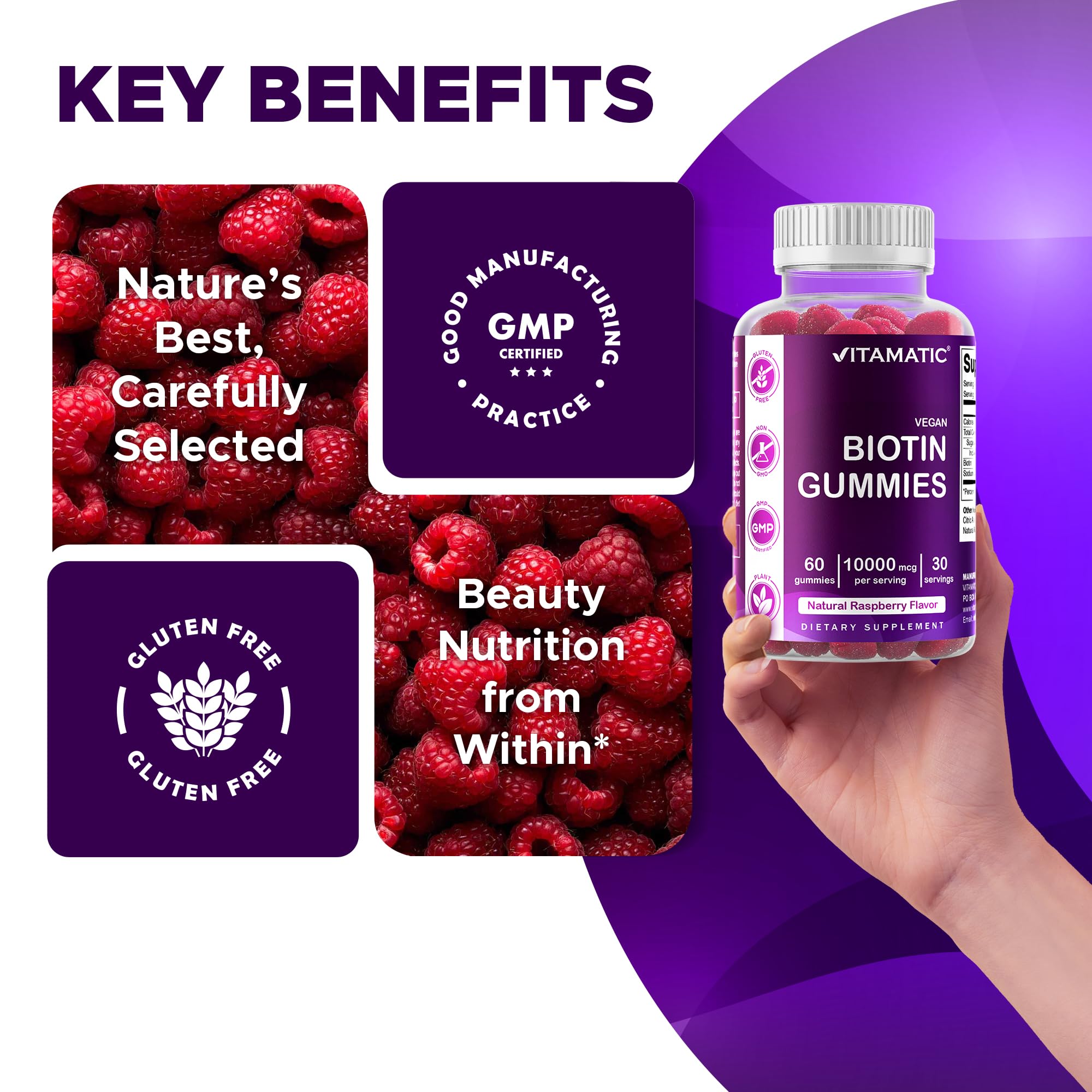 Nutrition facts panel on Vitamatic Biotin Gummies bottle for informed daily use