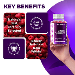 Nutrition facts panel on Vitamatic Biotin Gummies bottle for informed daily use
