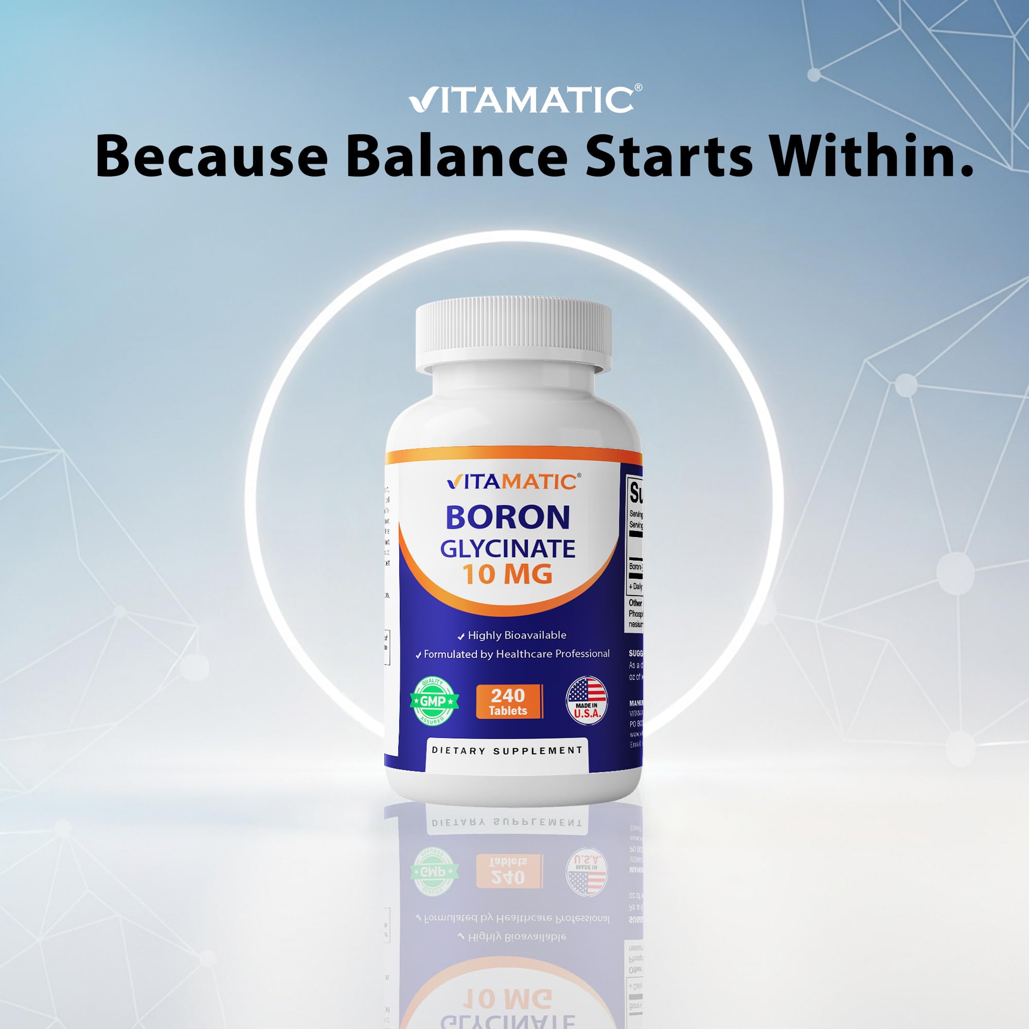 Vitamatic boron glycinate chelate detail indicates structured mineral form.