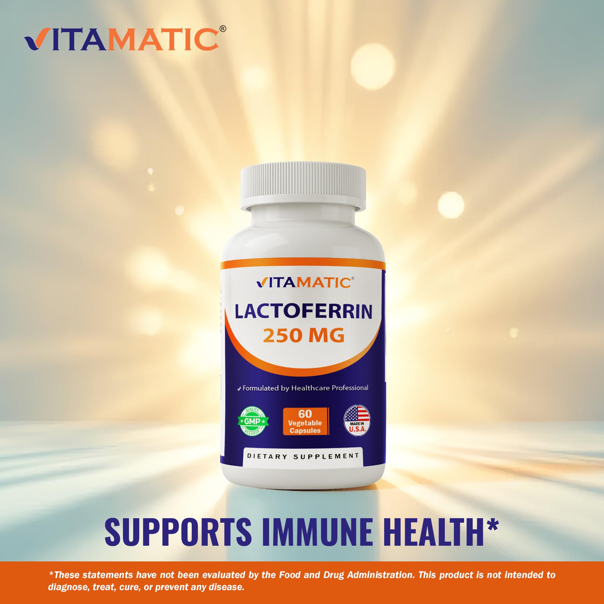 Vitamatic Lactoferrin bottle label detail highlights ingredients.