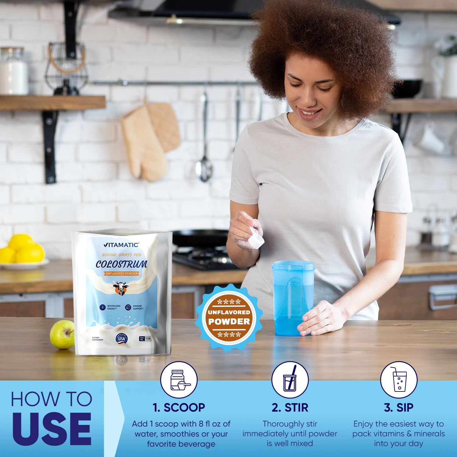 Vitamatic Bovine Colostrum Powder poured into a glass for quick mixing.