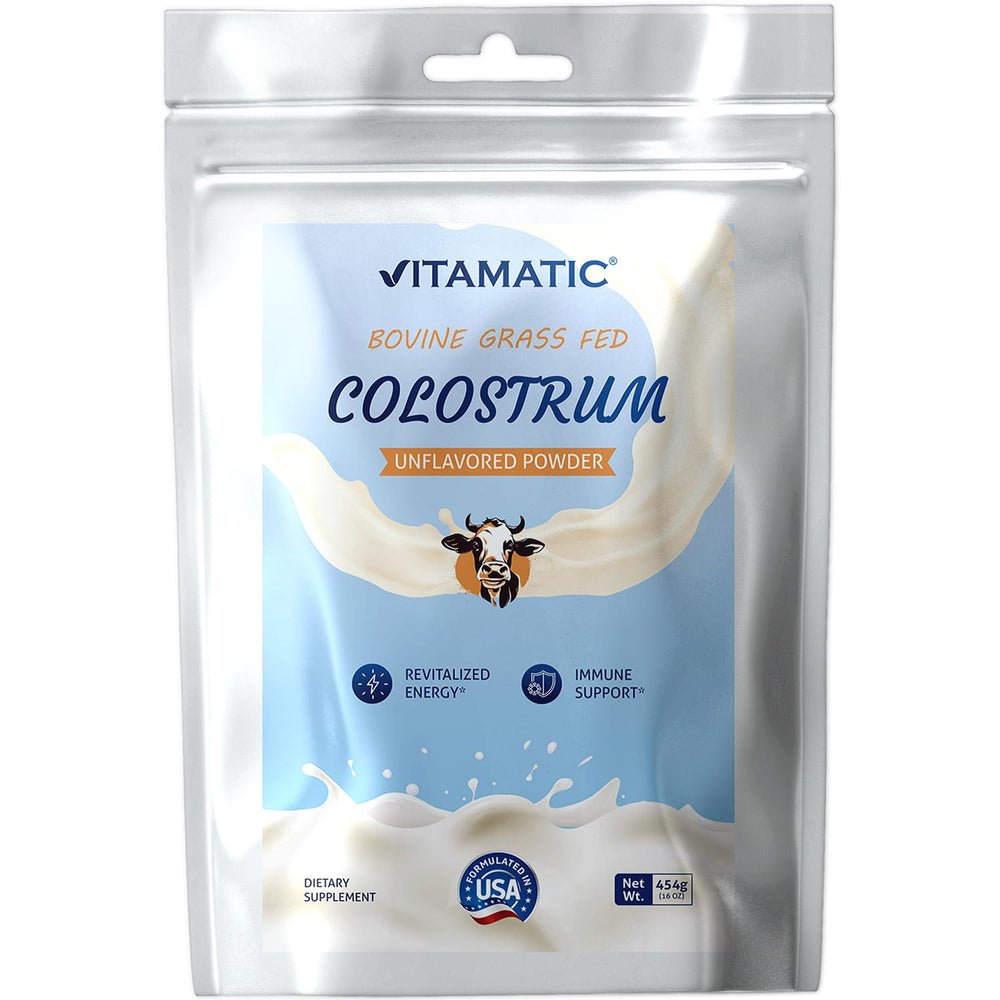 Vitamatic Bovine Colostrum Powder in a jar for convenient daily use.