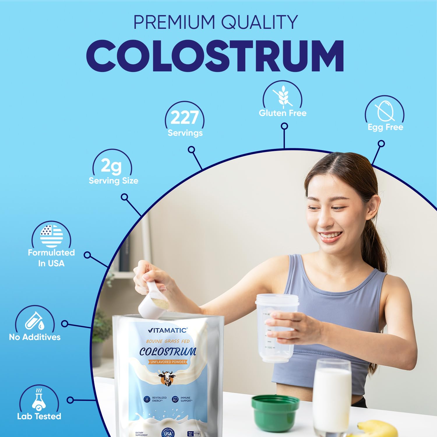 Vitamatic Bovine Colostrum Powder pour to show fine texture and solubility.