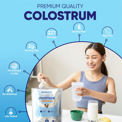 Vitamatic Bovine Colostrum Powder pour to show fine texture and solubility.