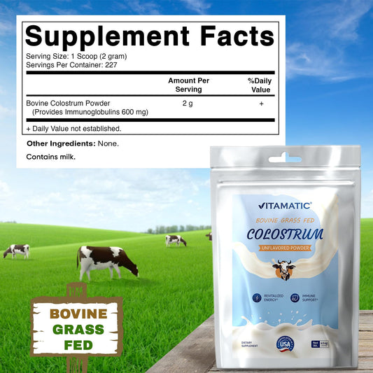 Vitamatic Bovine Colostrum Powder with scoop for precise servings.
