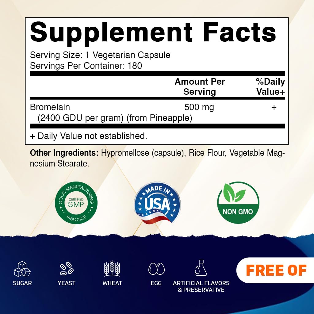 Vitamatic Bromelain capsules close-up smooth capsules for easy swallowing